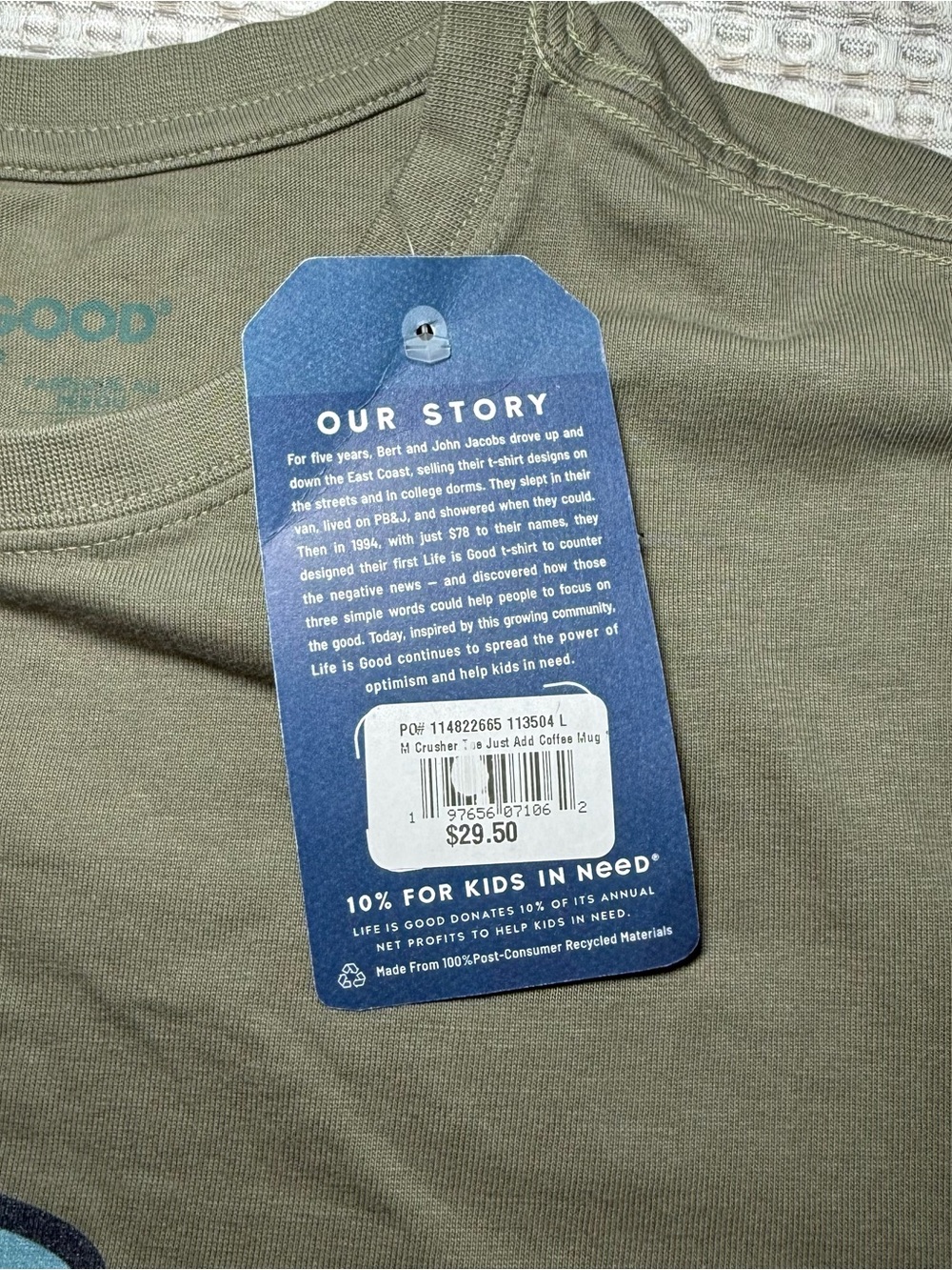 New Life Is Good Crusher Tee Mens Size Large Cotton Green “Just Add Coffee” - Picture 5 of 9